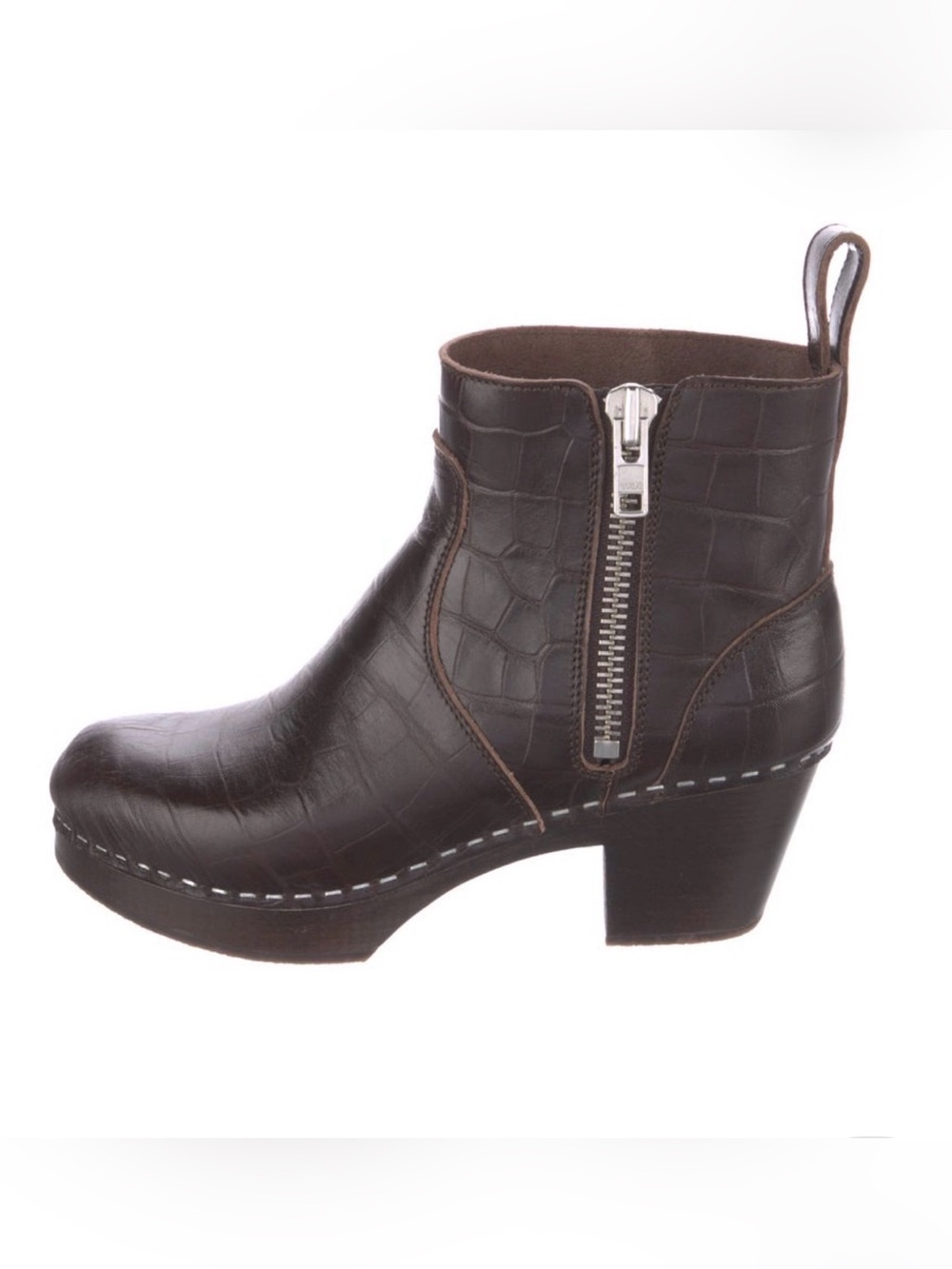Swedish Hasbeens Dark Brown Croc-Embossed Leather Ankle Boot with Side Zip